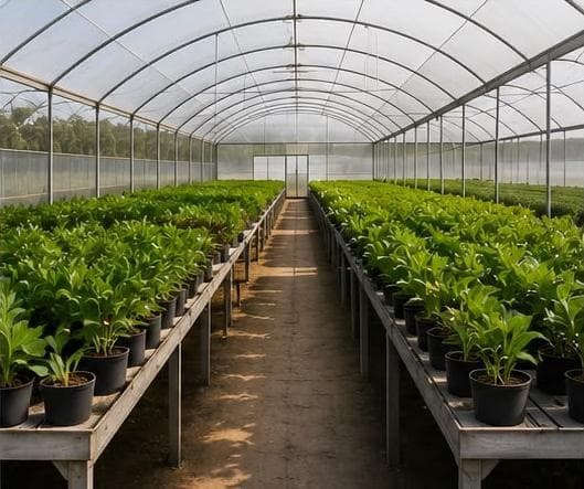 Greenhouse nursery with seedlings in rows