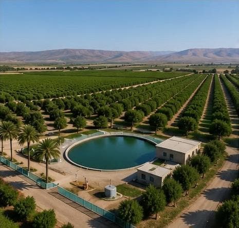 Aerial view of the orchards and irrigation reservoir