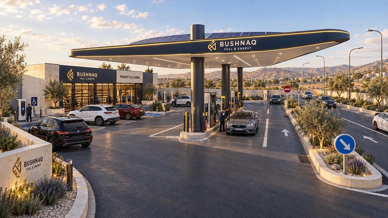 Bushnaq Fuel & Energy canopy and market at sunset