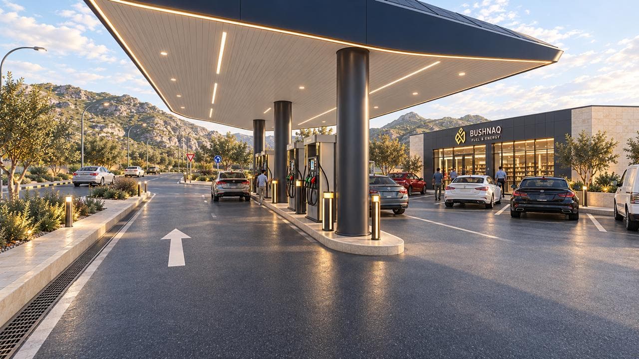 Pump islands and the lane under the illuminated canopy